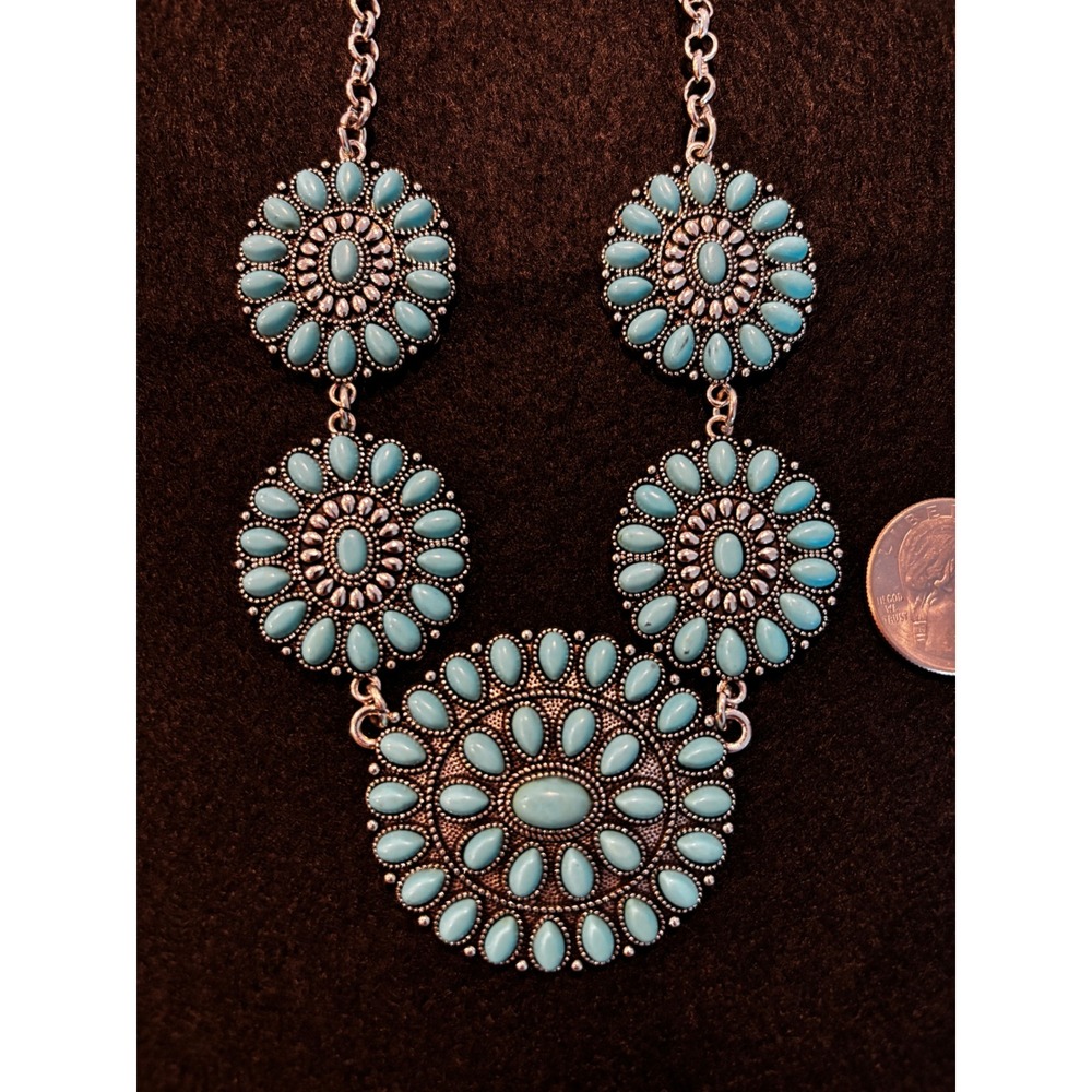 Western Turquoise Floral Medallion Statement Necklace Silver Tone Boho